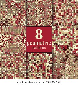 Set of eight seamless geometric pattern with colored elements, vector abstract background, colorful geometric background