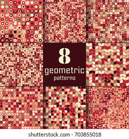 Set of eight seamless geometric pattern with colored elements, vector abstract background, colorful geometric background