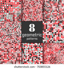 Set of eight seamless geometric pattern with colored elements, vector abstract background, colorful geometric background