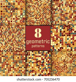 Set of eight seamless geometric pattern with colored elements, vector abstract background, colorful geometric background
