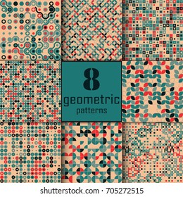 Set of eight seamless geometric pattern with colored elements, vector abstract background, colorful geometric background