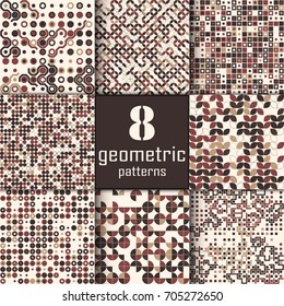 Set of eight seamless geometric pattern with colored elements, vector abstract background, colorful geometric background