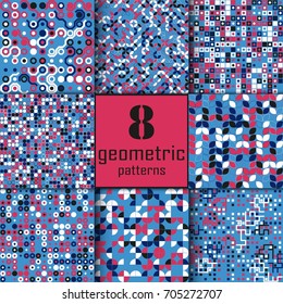 Set of eight seamless geometric pattern with colored elements, vector abstract background, colorful geometric background