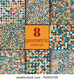 Set of eight seamless geometric pattern with colored elements, vector abstract background, colorful geometric background