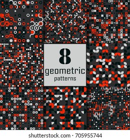 Set of eight seamless geometric pattern with colored elements, vector abstract background, colorful geometric background