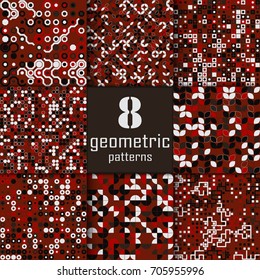 Set of eight seamless geometric pattern with colored elements, vector abstract background, colorful geometric background