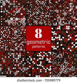 Set of eight seamless geometric pattern with colored elements, vector abstract background, colorful geometric background