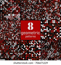 Set of eight seamless geometric pattern with colored elements, vector abstract background, colorful geometric background