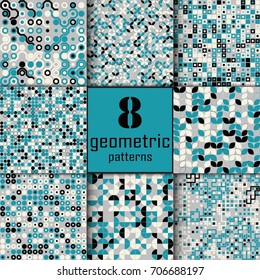 Set of eight seamless geometric pattern with colored elements, vector abstract background, colorful geometric background