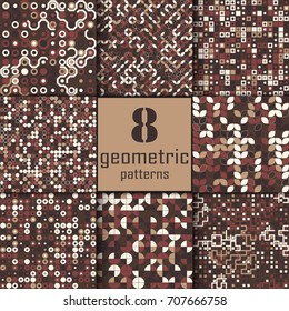 Set of eight seamless geometric pattern with colored elements, vector abstract background, colorful geometric background