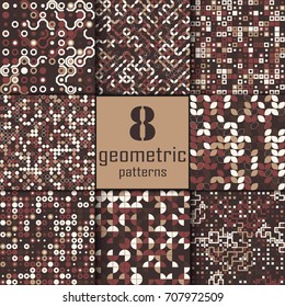Set of eight seamless geometric pattern with colored elements, vector abstract background, colorful geometric background