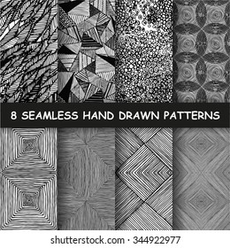 Set of eight seamless hand drawn graphic patterns. Made in vector