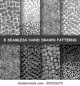 Set of eight seamless hand drawn patterns. Graphic textures. Hand made background. Made in vector