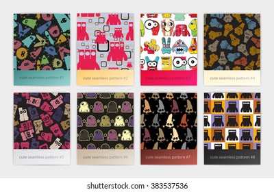 Set of eight seamless pattern with different colorful monsters and robots. Vector colorful textures and backgrounds.
