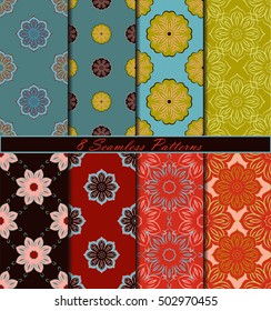 Set of eight seamless pattern with mandalas in bright beautiful colors. Vector background