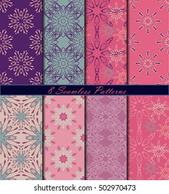 Set of eight seamless pattern with mandalas in beautiful colors. Vector background