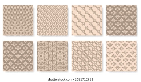 Un conjunto de ocho patrones sin costuras con motivos florales y ornamentales en tonos beige y marrón, adecuados para textiles y decoración.