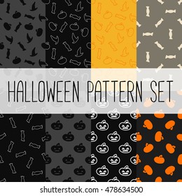 Set of eight seamless patterns for Halloween. 8 vector illustrations.