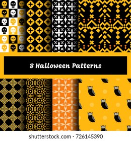 A set of eight seamless patterns for Halloween.