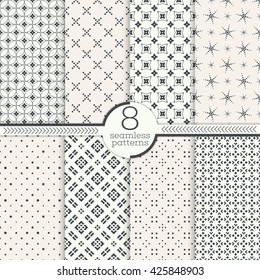 Set of eight seamless patterns. Modern stylish textures. Regularly repeating geometrical patterns with different geometric shapes. Abstract small textured surfaces.