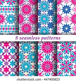 Set of eight seamless patterns with symbols of male and female gender. Swatches included