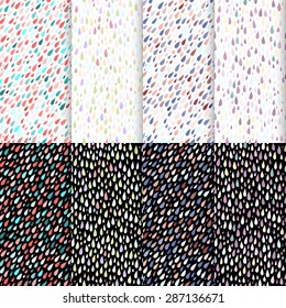 Set of eight seamless Rainy Day Patterns on white and black. Nature pattern for fabric. Rainy autumn or spring day, funny rain, rain drops wallpaper, ornament for textiles. Stock vector.