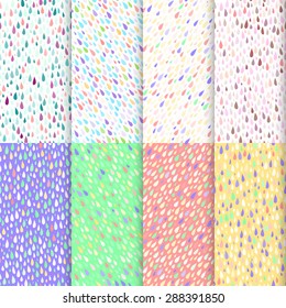 Set of eight seamless Rainy Day Patterns. Nature pattern for fabric. Rainy autumn or spring day, funny rain, rain drops wallpaper, ornament for textiles. Stock vector.