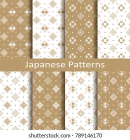 set with eight seamless vector gold japanese floral geometric paterns. design for textile, packaging, covers