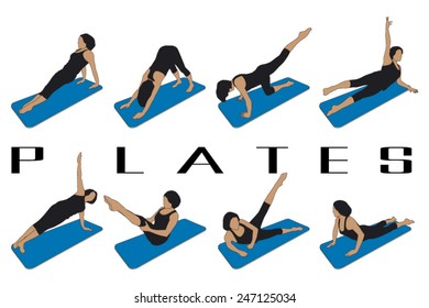 set of eight silhouettes of different pilates postures