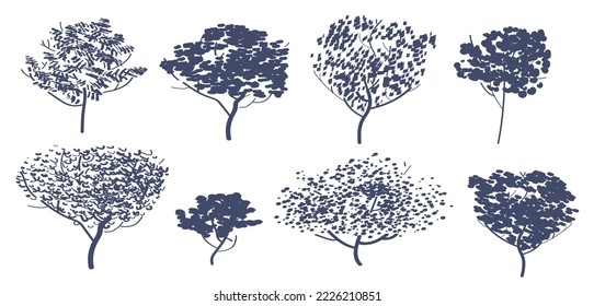 A set of eight silhouettes of different shapes and sizes, types of trees. Isolated vector illustration on a white background. The shadows from the trees are dark blue.