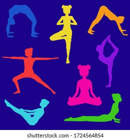 set of eight silhouettes of girls doing yoga poses