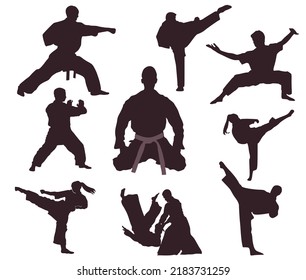 Set of eight silhouettes of karatekas and martial arts masters. Karate, Aikido