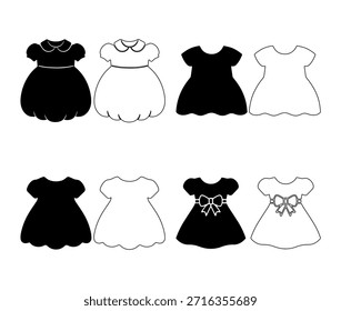 Set von acht einfache schwarz-weiße Umrisse und solide Silhouette Illustrationen von Mädchen Kleider und Fröcke