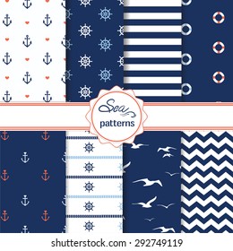 Set of eight simple cute nautical seamless patterns