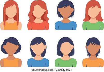 A set of eight simple, flat design avatar icons representing diverse women with different hair colors and styles.