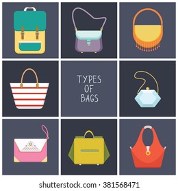 Set of eight simple flat icons of different hand bag types - vector illustration 