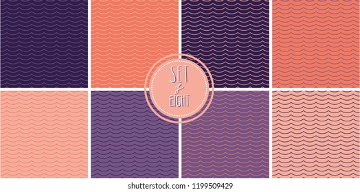 Set of eight simple harmonic maritime vector patterns with easy going wave shapes. Trendy minimal style. Great for apparel, wallpapers, backgrounds, home decor, scrapbooking, wrapping paper etc.