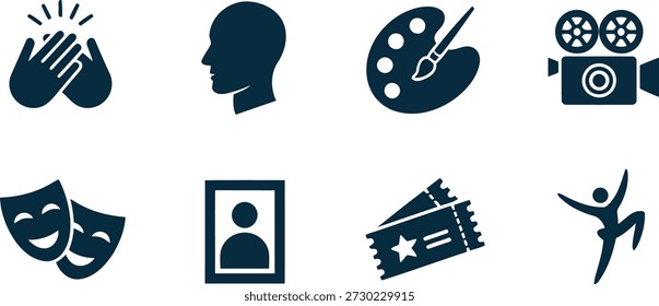 A set of eight simple icons representing various aspects of arts, performance, and creative expression.