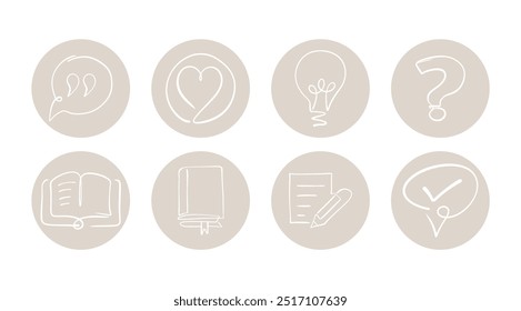 Conjunto de ocho iconos de arte lineal simples que representan conceptos de comunicación, aprendizaje y creatividad, incluyendo citas, corazón, ideas y libros.