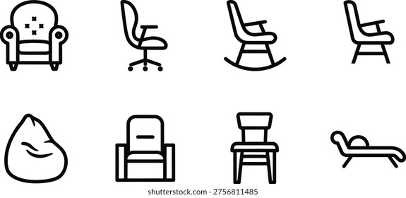A set of eight simple line drawings depicting different types of chairs and seating options