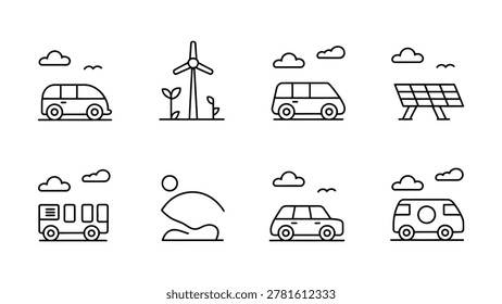 A set of eight simple line drawings depicting ecofriendly transport and energy generation against a white background