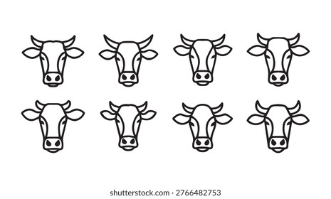 Set of eight simplified cow head icons in a minimalist outline style for a clean modern look