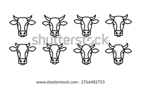 Set of eight simplified cow head icons in a minimalist outline style for a clean modern look