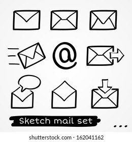 Set of eight sketch hand drawn black mailing envelopes