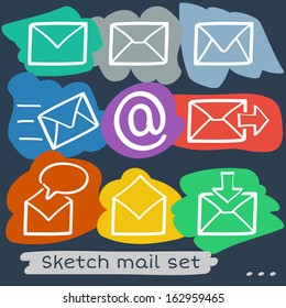 Set of eight sketch hand drawn mailing envelopes in different colors