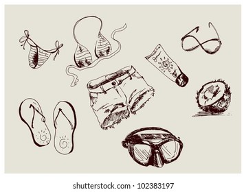 set of eight sketches representing summer and vacation at the beach