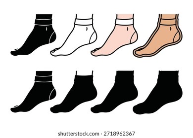 Un conjunto de ocho calcetines en diferentes colores que incluyen negro, blanco, rosa y beige, dispuestos en dos filas sobre un fondo blanco limpio para un uso versátil en proyectos de moda y diseño.