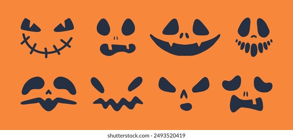 A set of eight spooky and playful Halloween pumpkin faces on an orange background. Each jack o lantern features a unique carved expression, perfect for festive decorations and designs.