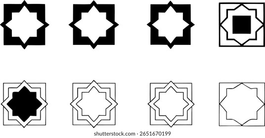 Um conjunto de oito desenhos quadrados contendo formas de estrelas, exibidos em vários estilos e orientações. Elementos pretos e brancos, geométricos, simples e decorativos.