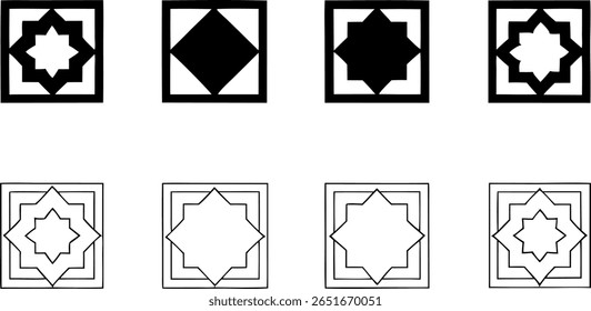 Um conjunto de oito desenhos quadrados apresentando padrões geométricos em um arranjo preto e branco. Os projetos incluem formas de estrelas e motivos simétricos, criando uma aparência moderna e abstrata.